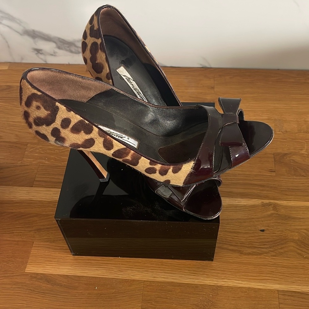 Brian Atwood Leopard Print Pony Hair and Patent leather Bow Peep-toe Heel